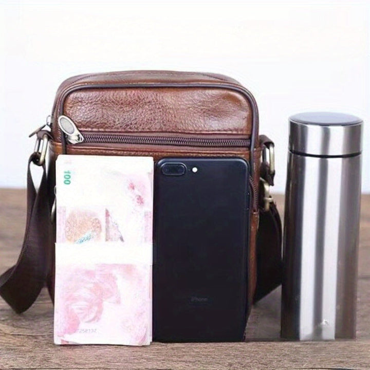 Heren Schoudertas | Topgrain Rundleer | Grote Inhoud & Verstelbare Band | Zakelijke Crossbody