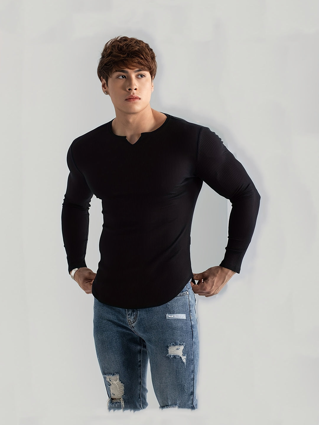 Heren T-shirt | V-hals & Lange Mouwen | Hoge Stretch & Comfort | Casual