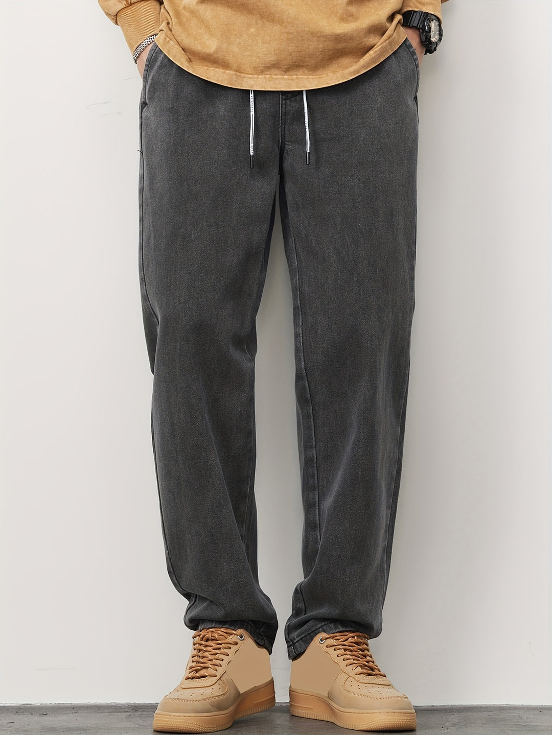 Heren Denim Broek | Gewassen Look met Zakken | Trekkoord & Rechte Pijp | Casual & Outdoor