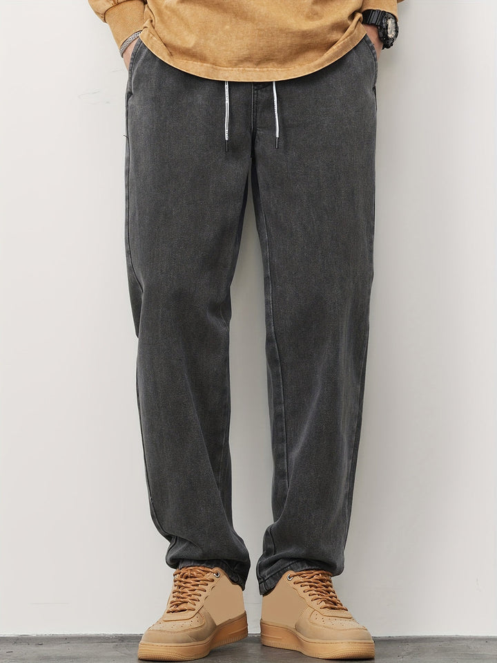 Heren Denim Broek | Gewassen Look met Zakken | Trekkoord & Rechte Pijp | Casual & Outdoor