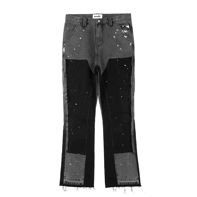 Heren Jeans | Flared Fit & Ink Spat Print | Patchwork Design | Retro Streetwear Stijl