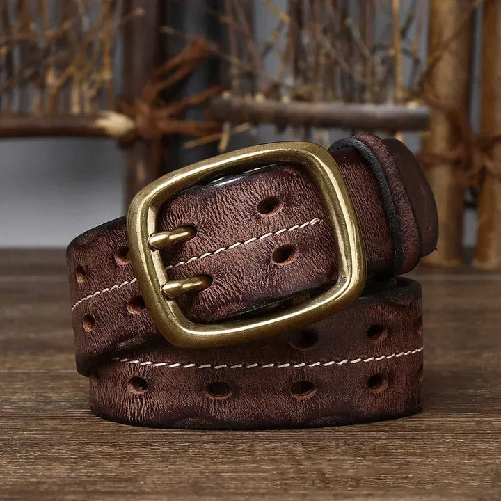 Heren Riem | Echt Runderleer | Dubbele Messing Gesp | Retro & Stevig