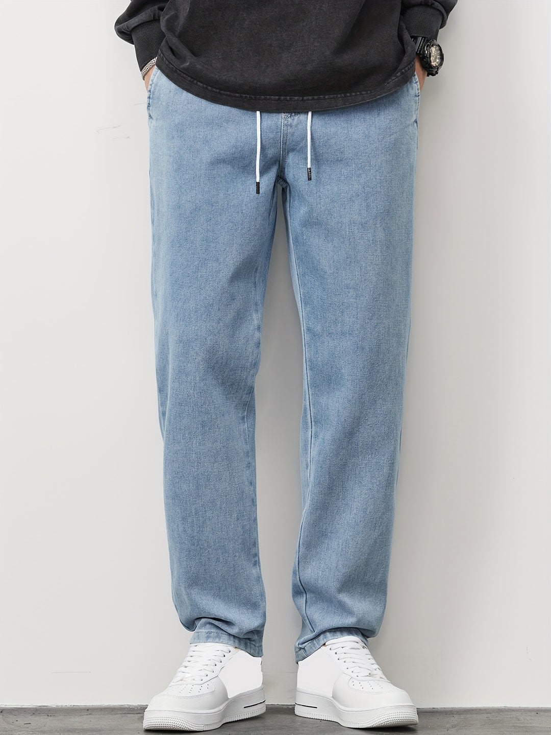 Heren Denim Broek | Gewassen Look met Zakken | Trekkoord & Rechte Pijp | Casual & Outdoor