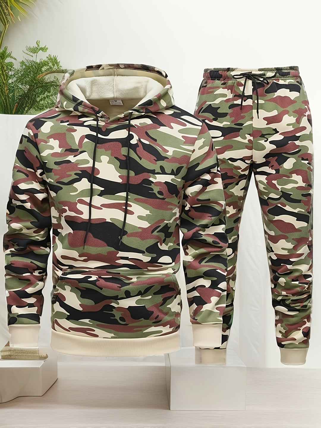 Heren Camouflage Hoodie en Sportpak | Gebreid Polyester | Lange Mouwen | Trekkoord Tailleband