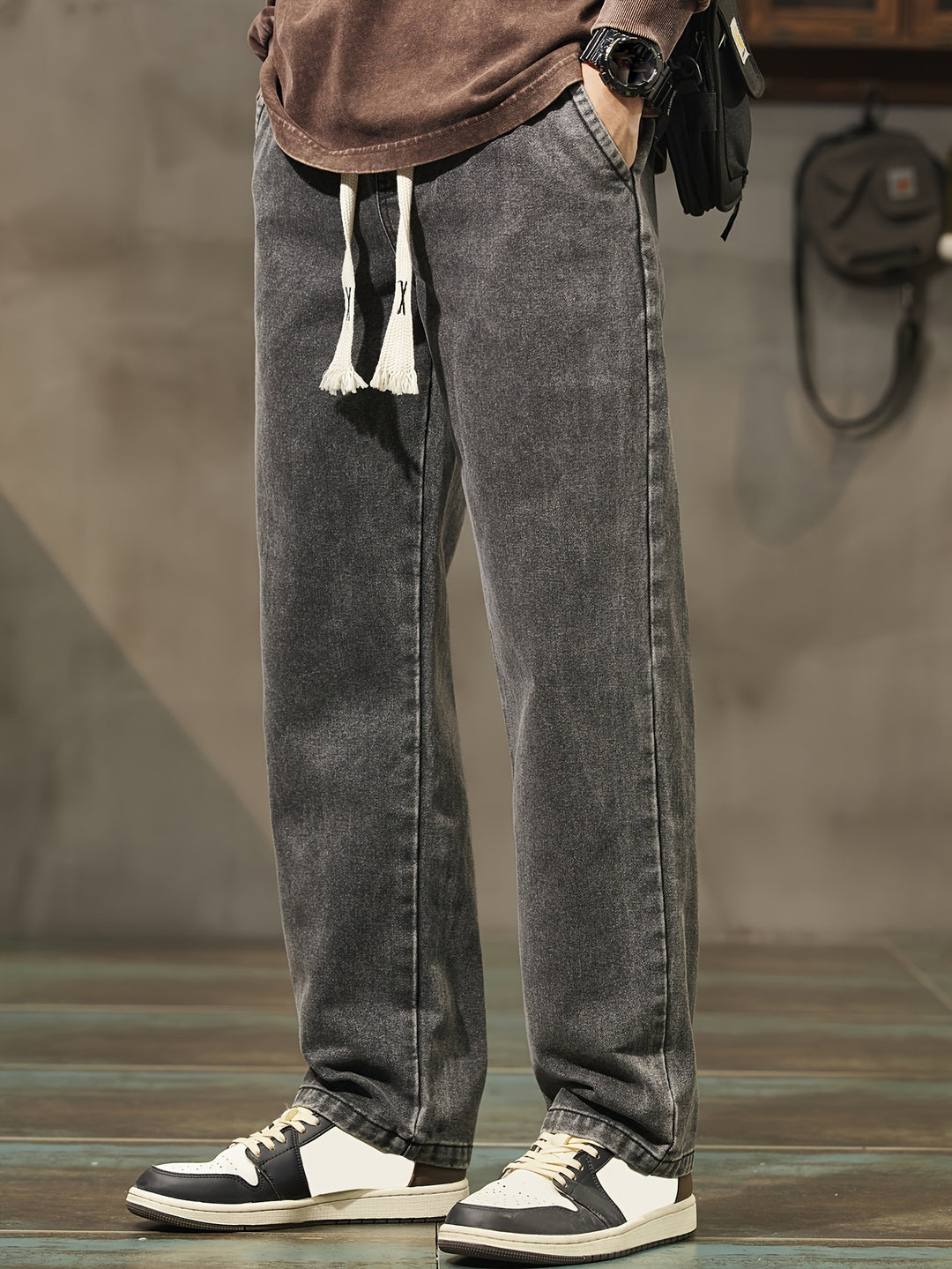 Heren Denim Broek | Gewassen Look & Trekkoord | Rechte Pijp met Zakken | Casual
