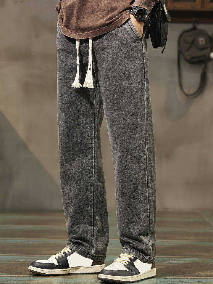 Heren Denim Broek | Gewassen Look & Trekkoord | Rechte Pijp met Zakken | Casual