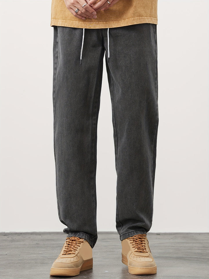 Heren Denim Broek | Gewassen Look met Zakken | Trekkoord & Rechte Pijp | Casual & Outdoor