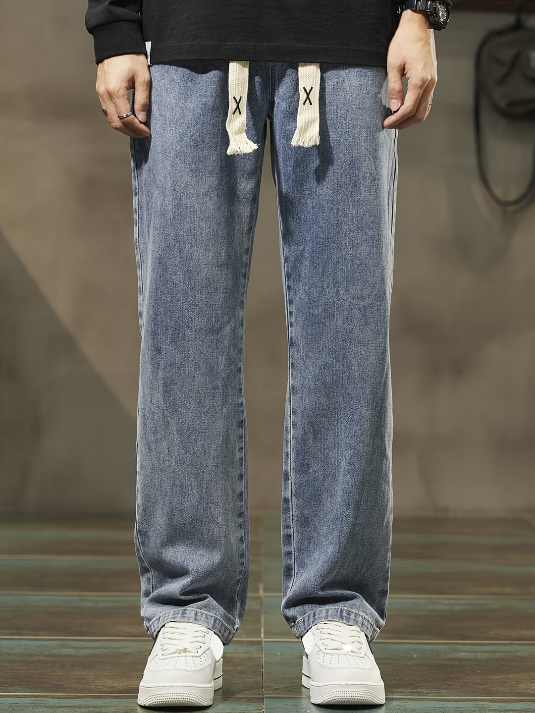 Heren Denim Broek | Gewassen Look & Trekkoord | Rechte Pijp met Zakken | Casual