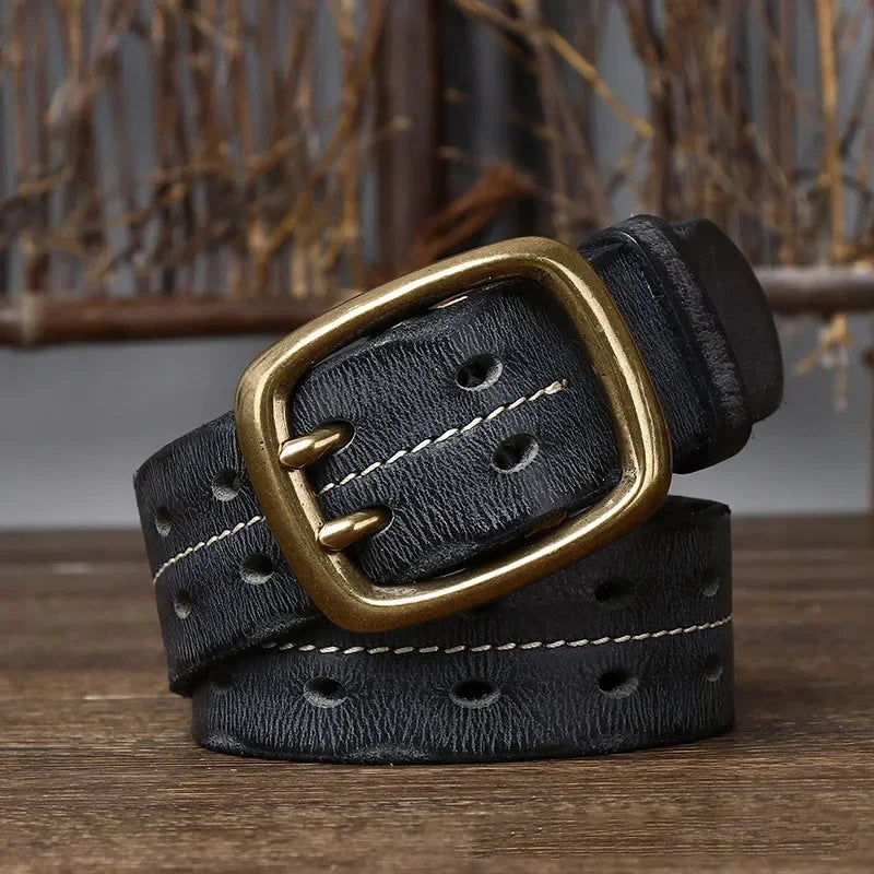 Heren Riem | Echt Runderleer | Dubbele Messing Gesp | Retro & Stevig