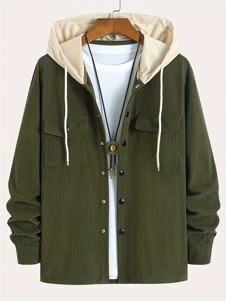 Heren Corduroy Hooded Jacket | Losse Pasvorm & Warm | Knoopsluiting & Trekkoord | Herfst & Winter
