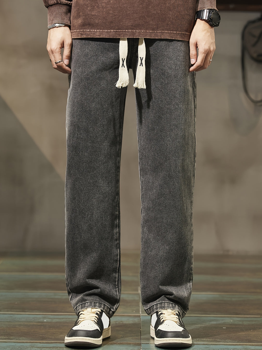 Heren Denim Broek | Gewassen Look & Trekkoord | Rechte Pijp met Zakken | Casual