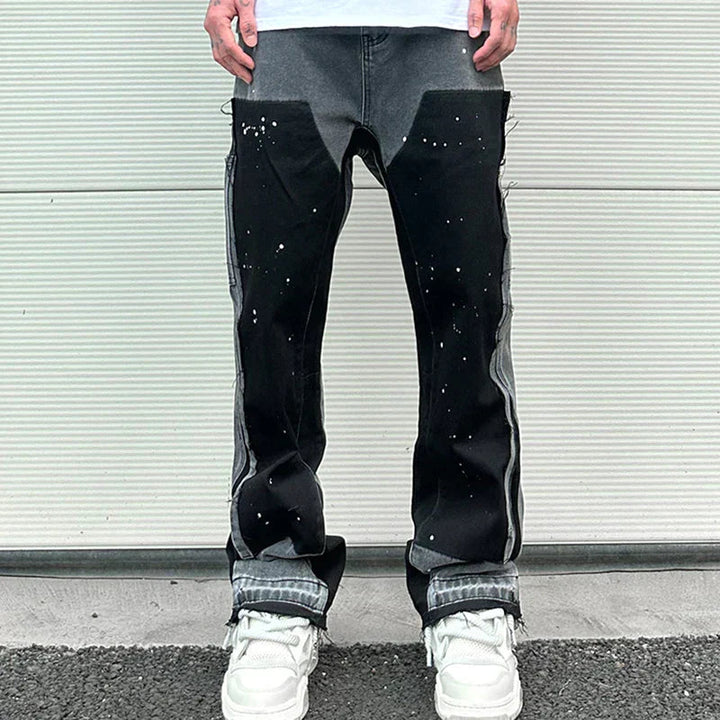 Heren Jeans | Flared Fit & Ink Spat Print | Patchwork Design | Retro Streetwear Stijl