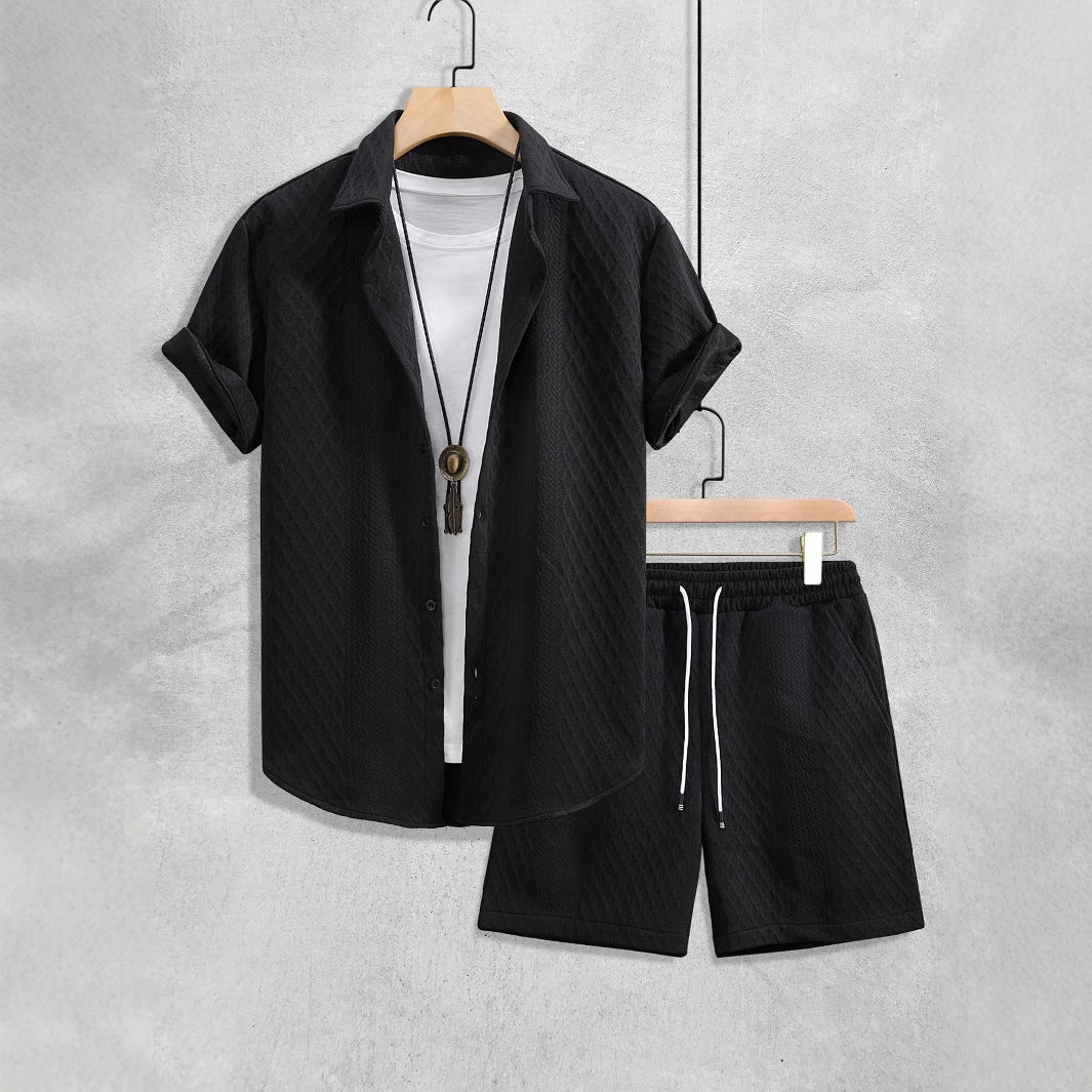 Heren Zomer Set | Revers Overhemd & Trekkoord Shorts | Effen Kleur | Casual