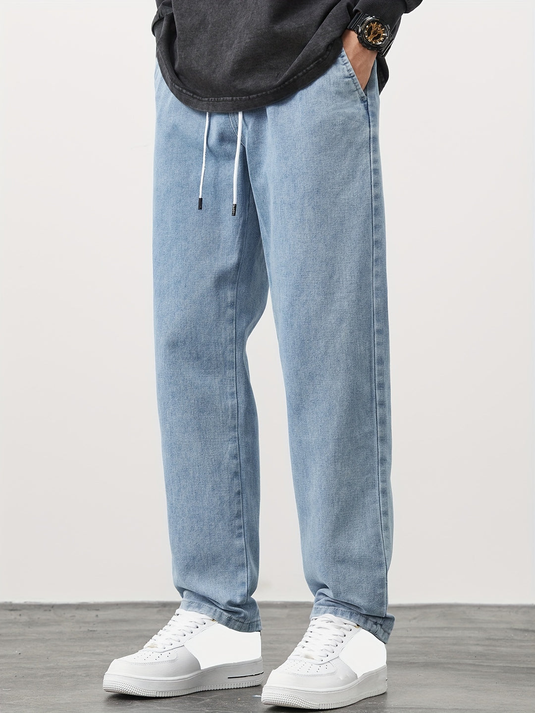 Heren Denim Broek | Gewassen Look met Zakken | Trekkoord & Rechte Pijp | Casual & Outdoor