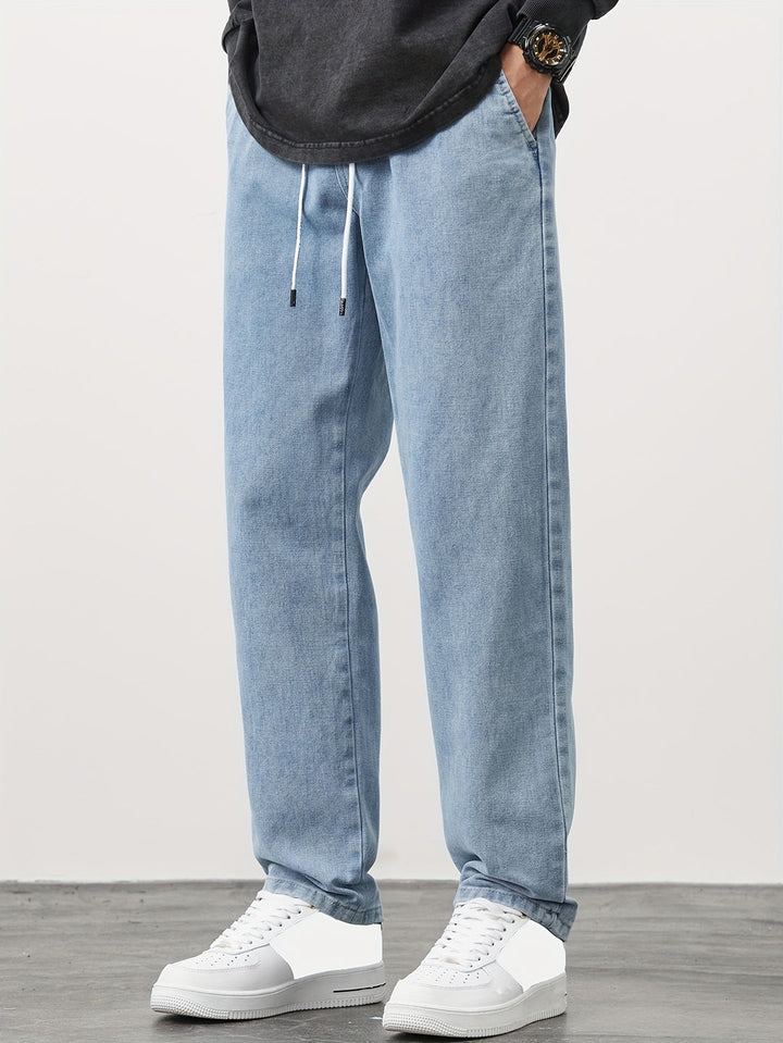 Heren Denim Broek | Gewassen Look met Zakken | Trekkoord & Rechte Pijp | Casual & Outdoor
