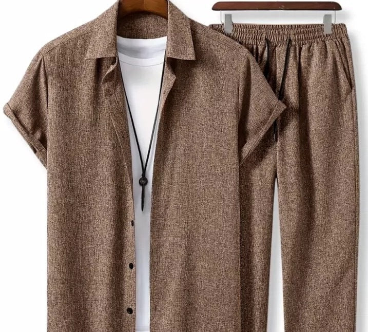 Heren Zomer Set | Revers Overhemd & Trekkoord Broek | Licht Stretch | Polyester