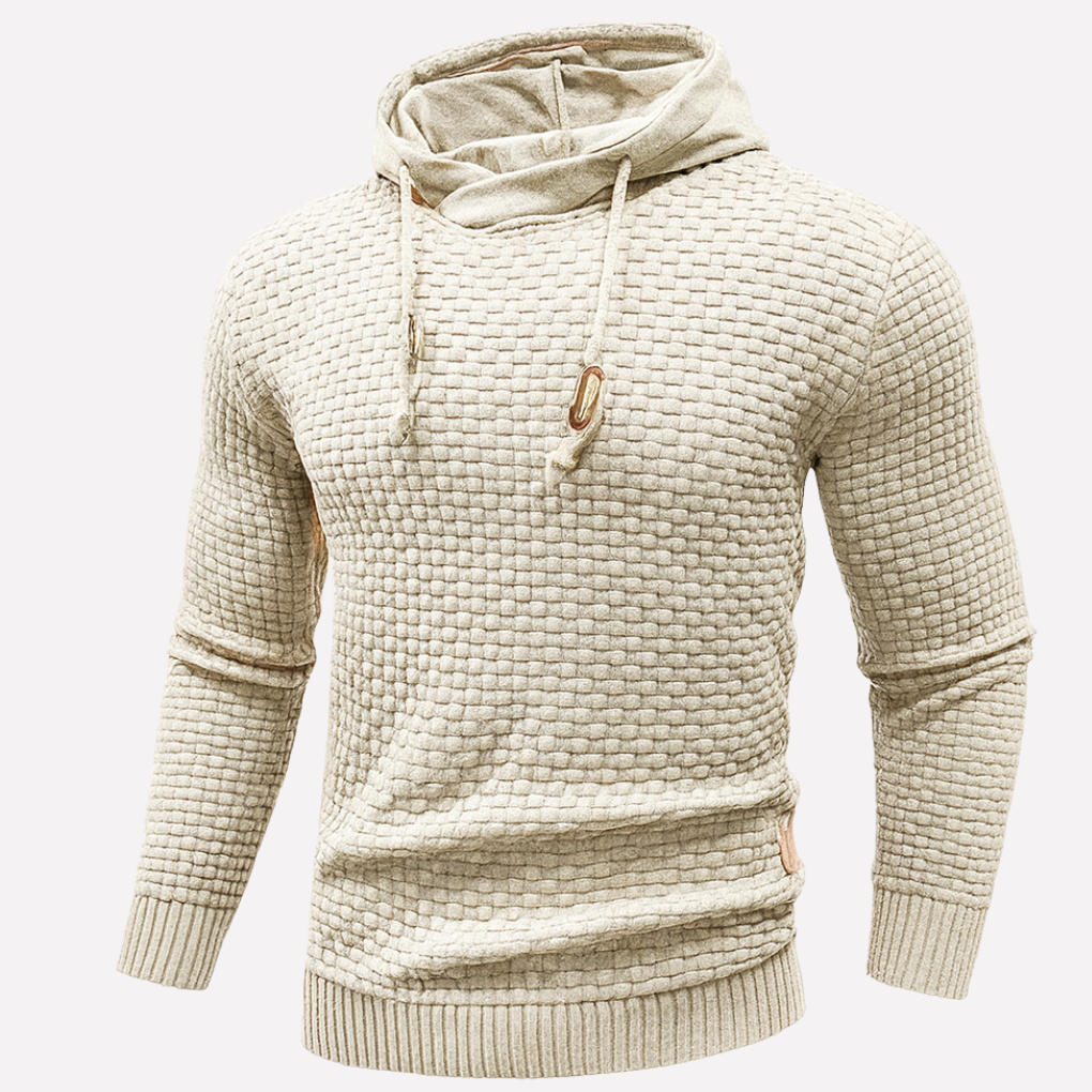 Heren Basket-Weave Pullover Hoodie in beige, Gestructureerde Textuur