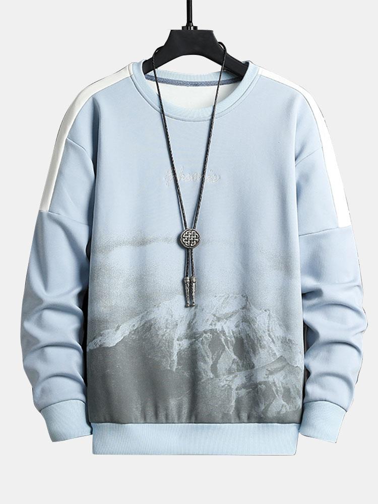 Heren Bergprint Crew Neck Sweatshirt in lichtblauw, Relaxed Fit Streetwear