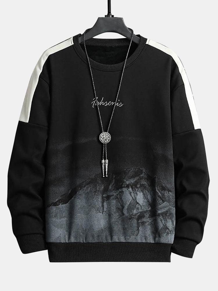 Heren Bergprint Crew Neck Sweatshirt in zwart, Relaxed Fit Streetwear