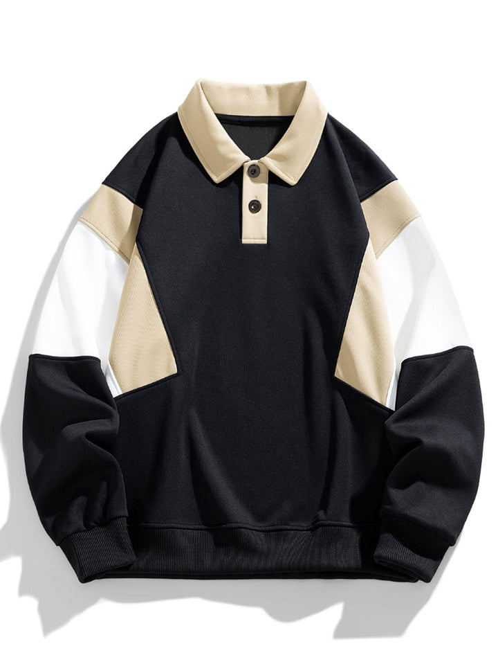 Heren Colorblock Polokraag Sweatshirt in zwart, Relaxed Fit