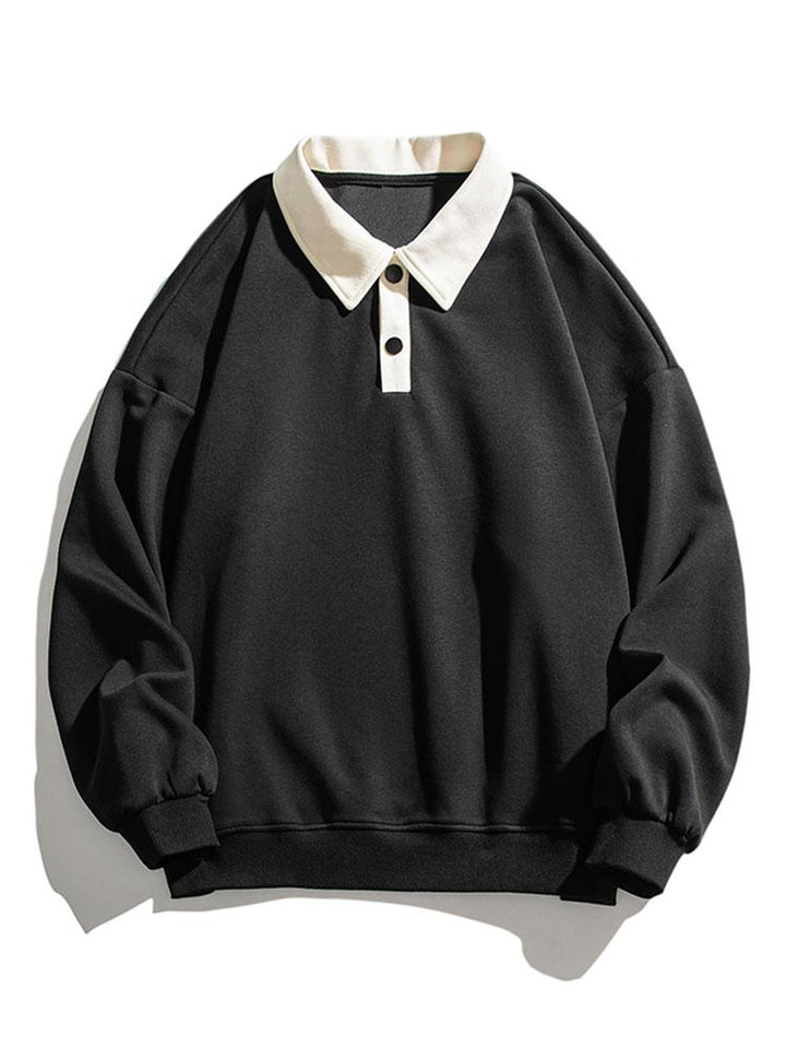 Heren Contrast Polokraag Sweatshirt in zwart, Relaxed Fit Katoen
