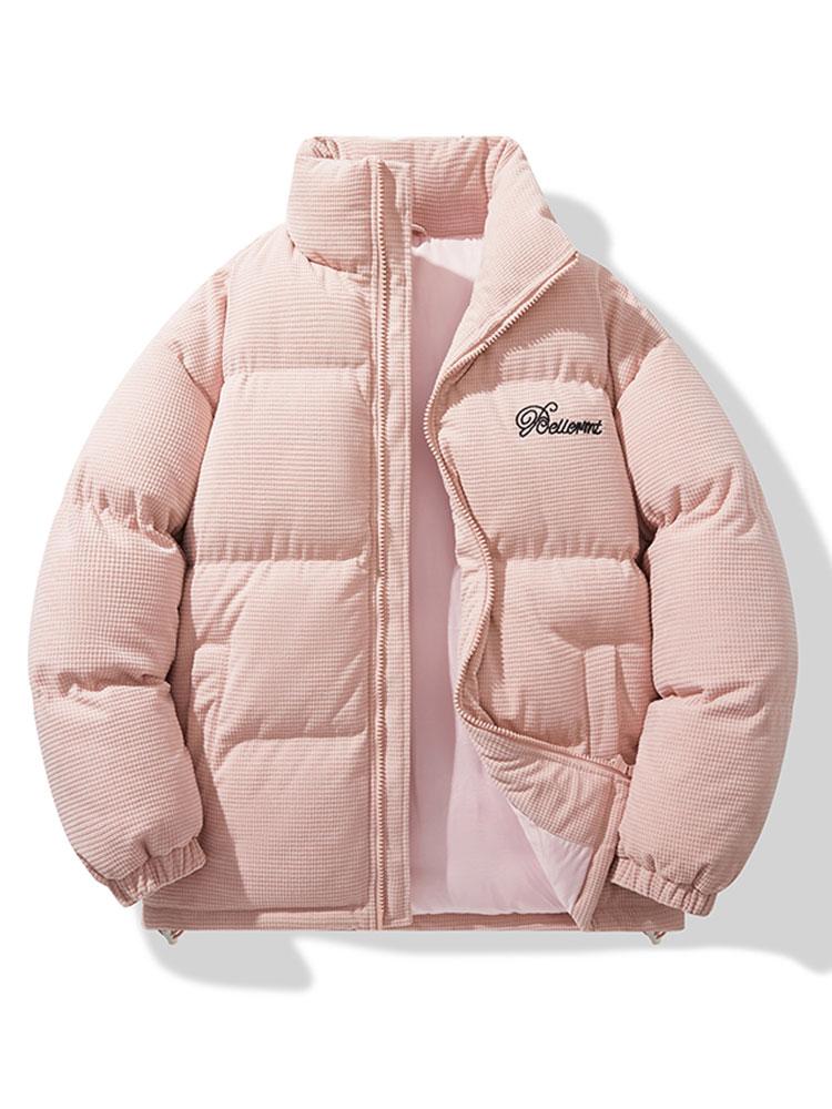 Heren Corduroy Puffer Jacket in lichtroze, Winterjas met Staande Kraag