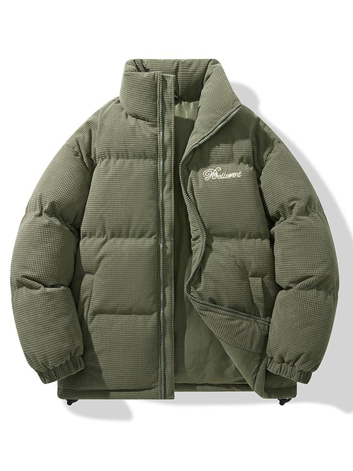 Heren Corduroy Puffer Jacket in olijfgroen, Winterjas met Staande Kraag