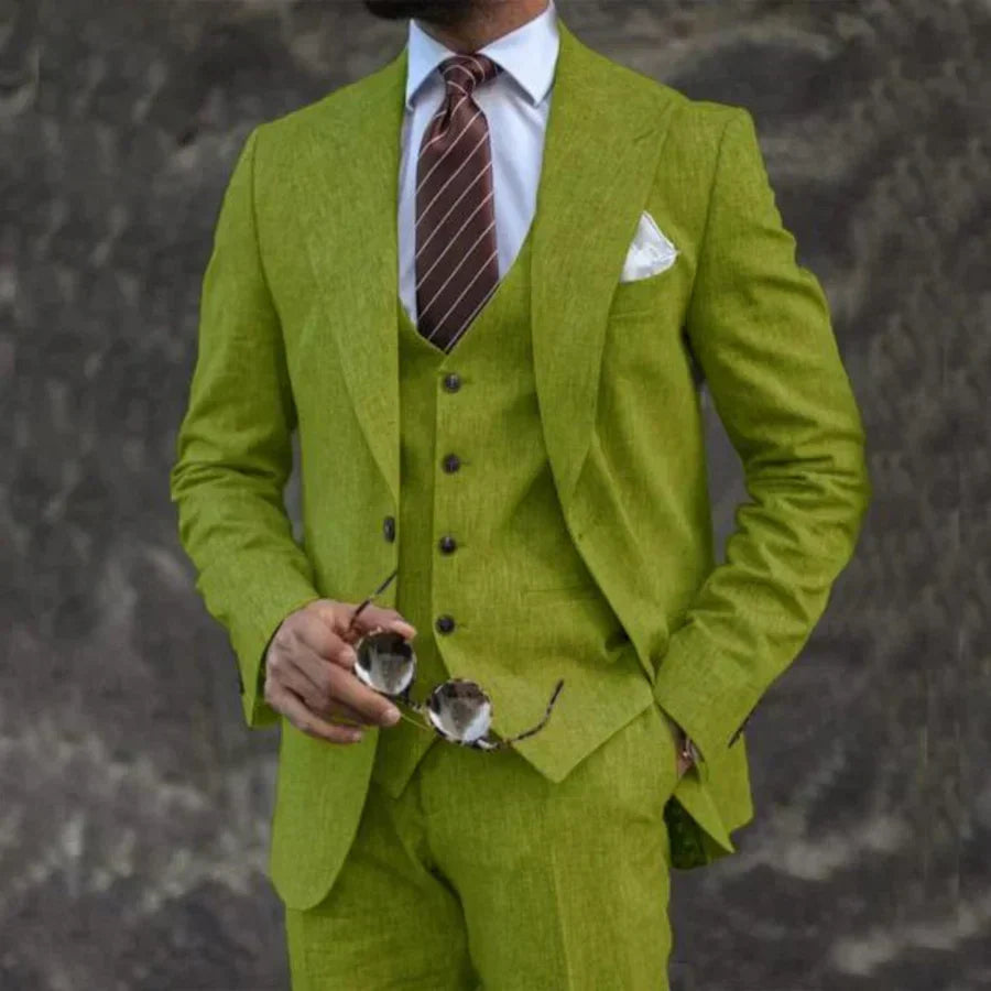 Heren driedelig pak met gilet in groen, klassieke snit