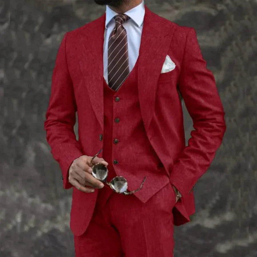 Heren driedelig pak met gilet in rood, klassieke snit