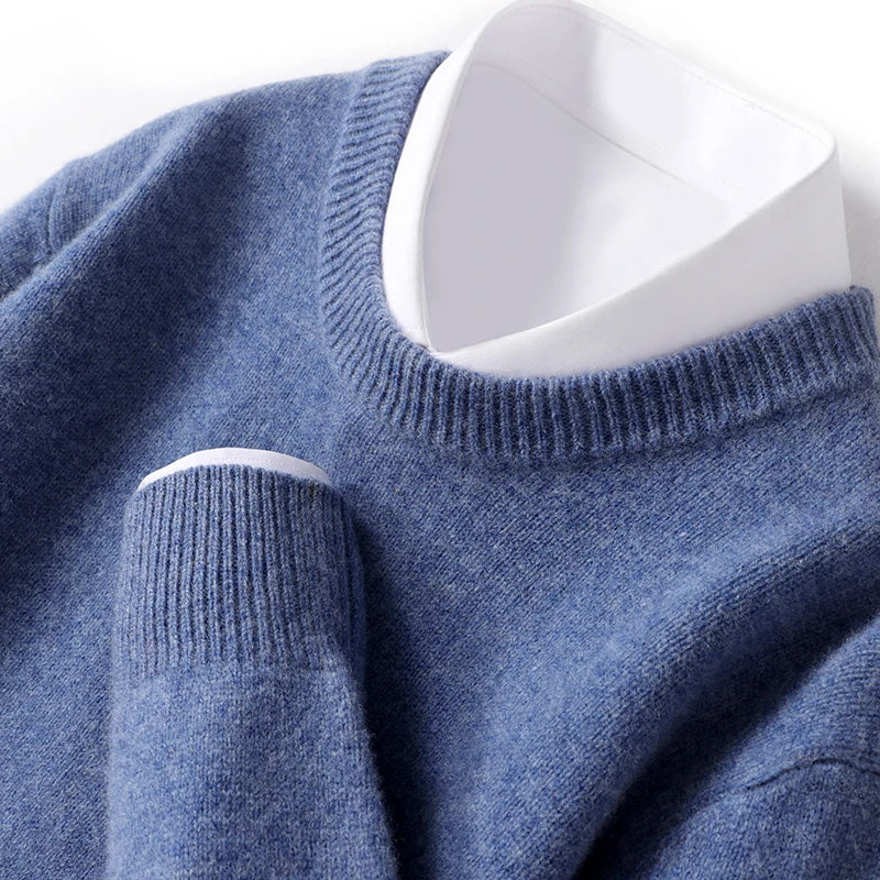 Heren Fijngebreide Crew-Neck Trui in blauw, Klassieke Pasvorm