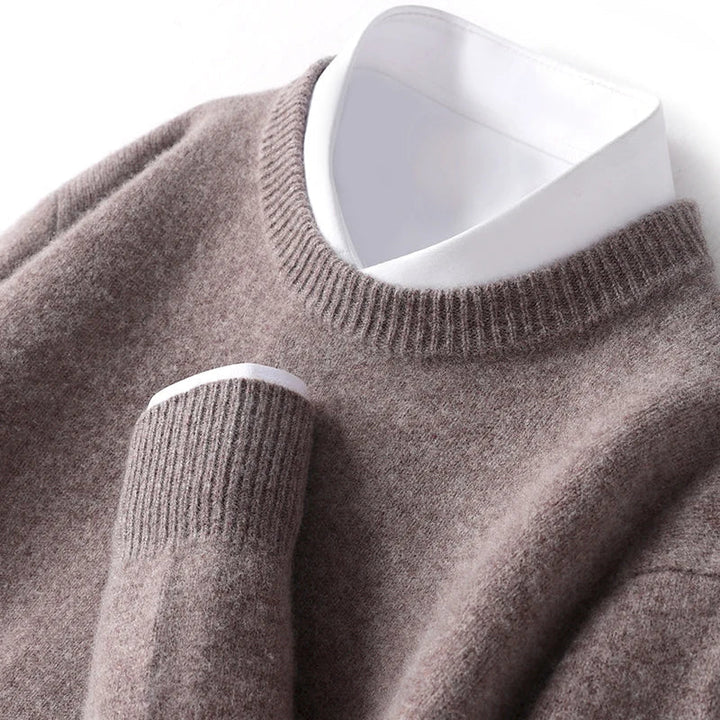 Heren Fijngebreide Crew-Neck Trui in donkerbruin, Klassieke Pasvorm