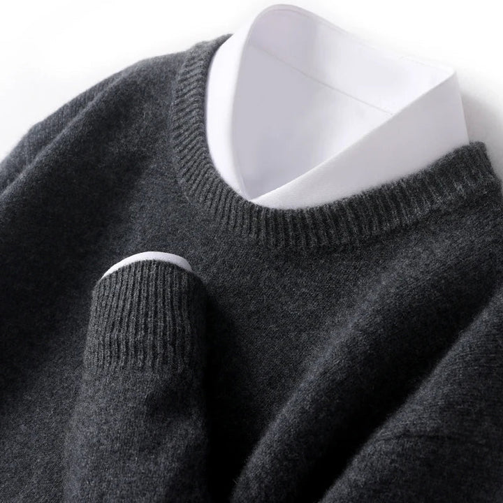 Heren Fijngebreide Crew-Neck Trui in donkergrijs, Klassieke Pasvorm