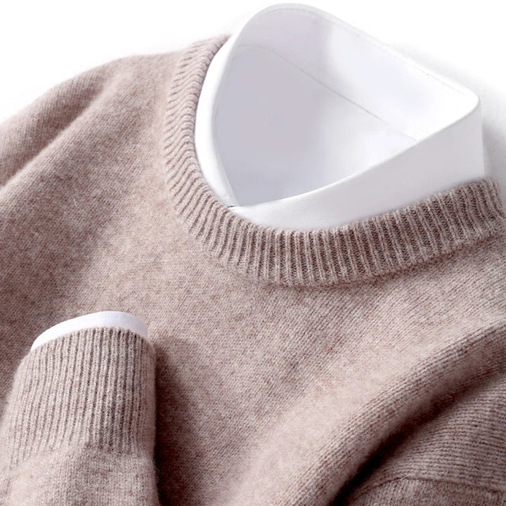 Heren Fijngebreide Crew-Neck Trui in lichtbruin, Klassieke Pasvorm