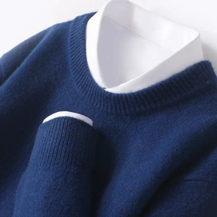 Heren Fijngebreide Crew-Neck Trui in nachtblauw, Klassieke Pasvorm