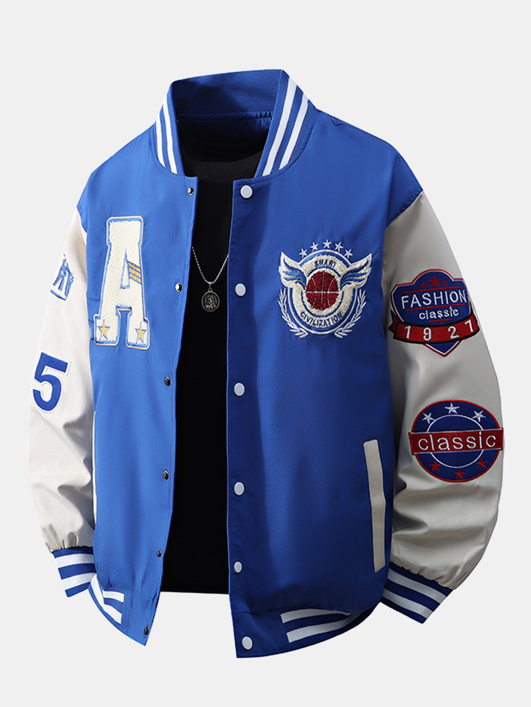 Heren Geborduurd Varsity Bomber Jacket in blauw, Relaxed Fit Streetwear