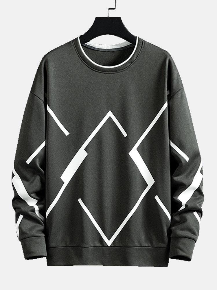 Heren Geometrisch Print Crew Neck Sweatshirt in donkergrijs, Relaxed Fit