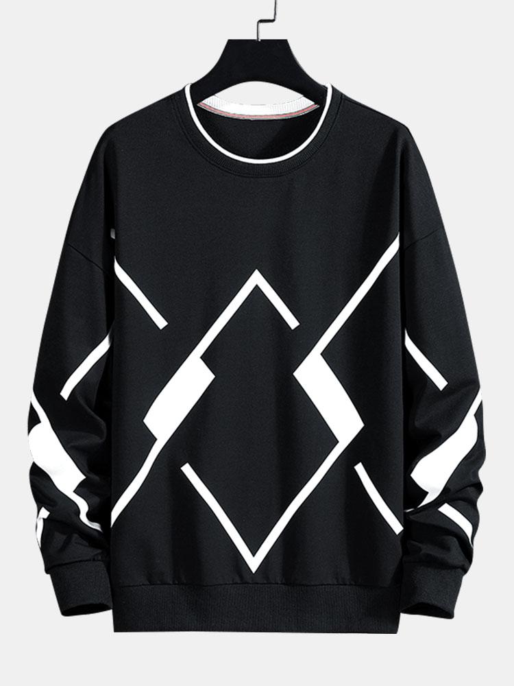 Heren Geometrisch Print Crew Neck Sweatshirt in zwart, Relaxed Fit