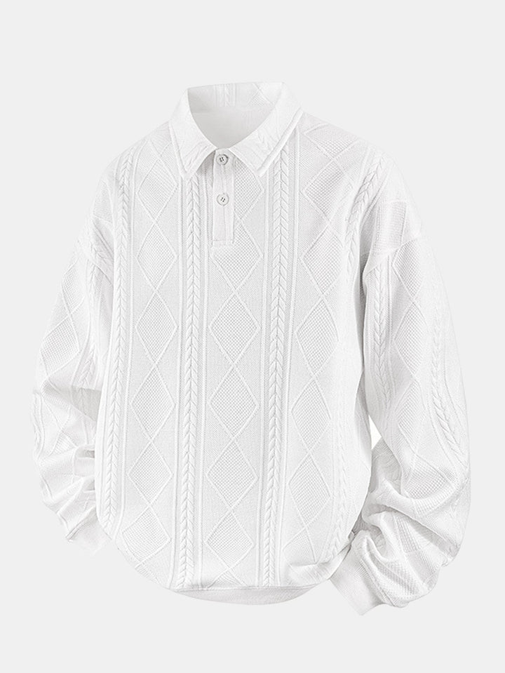 Heren Geometrische Jacquard Polokraag Sweater in wit, Relaxed Fit