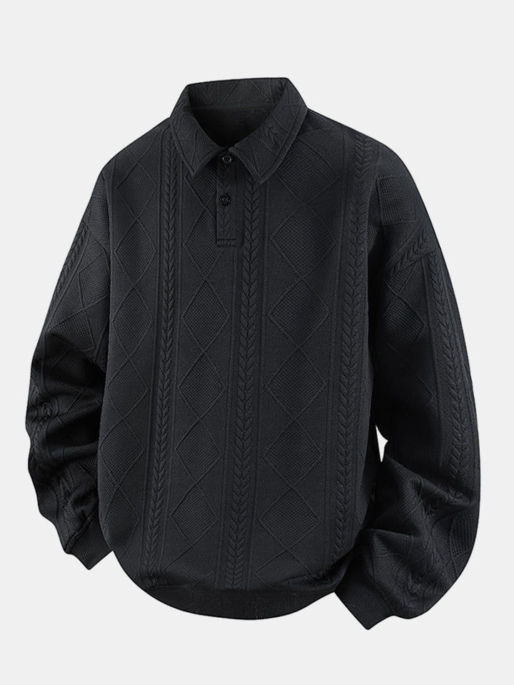 Heren Geometrische Jacquard Polokraag Sweater in zwart, Relaxed Fit