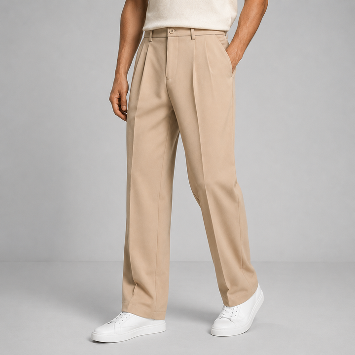 Heren Geplooide Tailored Straight-Leg Broek in beige, Zakelijk