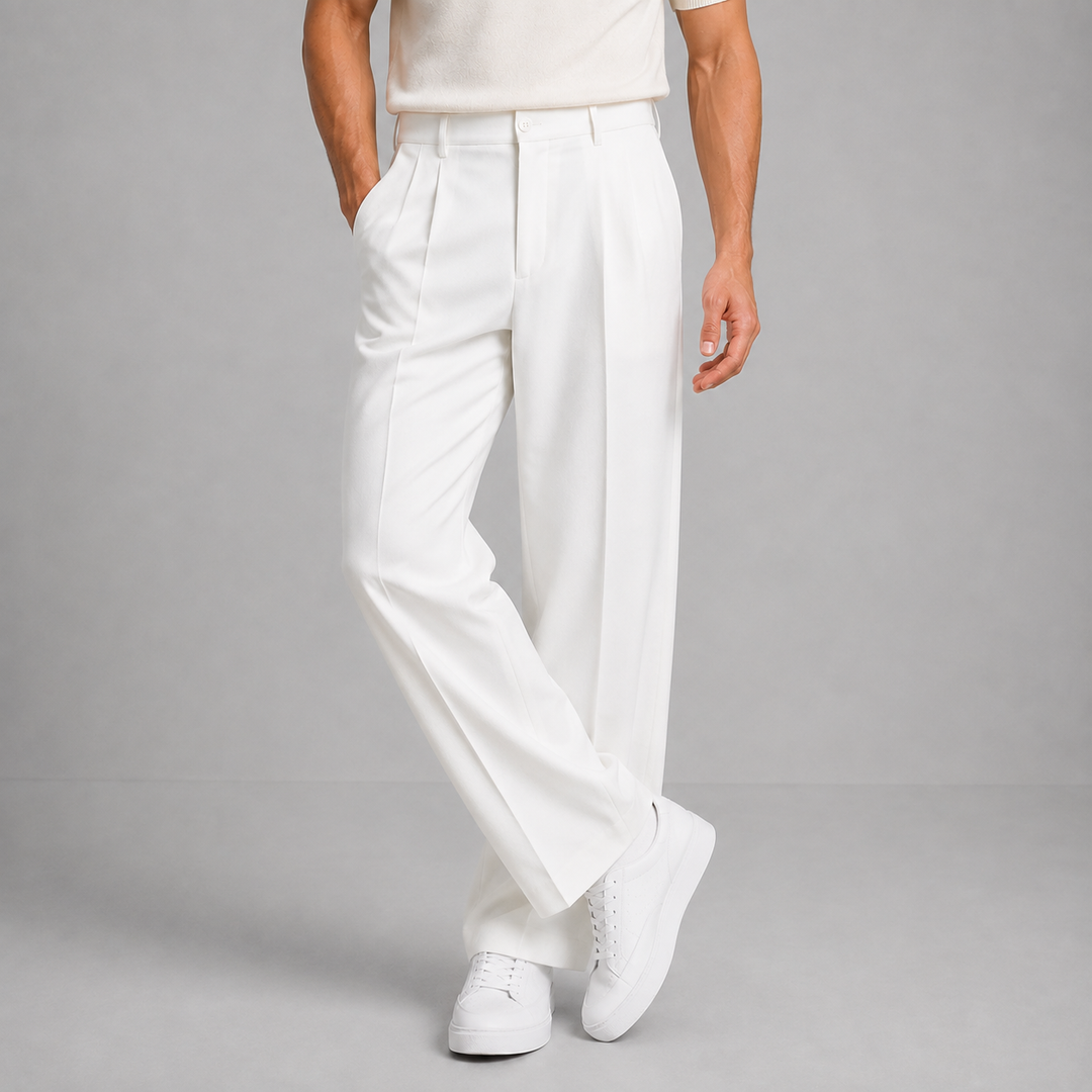 Heren Geplooide Tailored Straight-Leg Broek in wit, Zakelijk