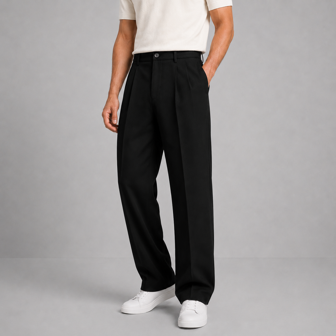 Heren Geplooide Tailored Straight-Leg Broek in zwart, Zakelijk