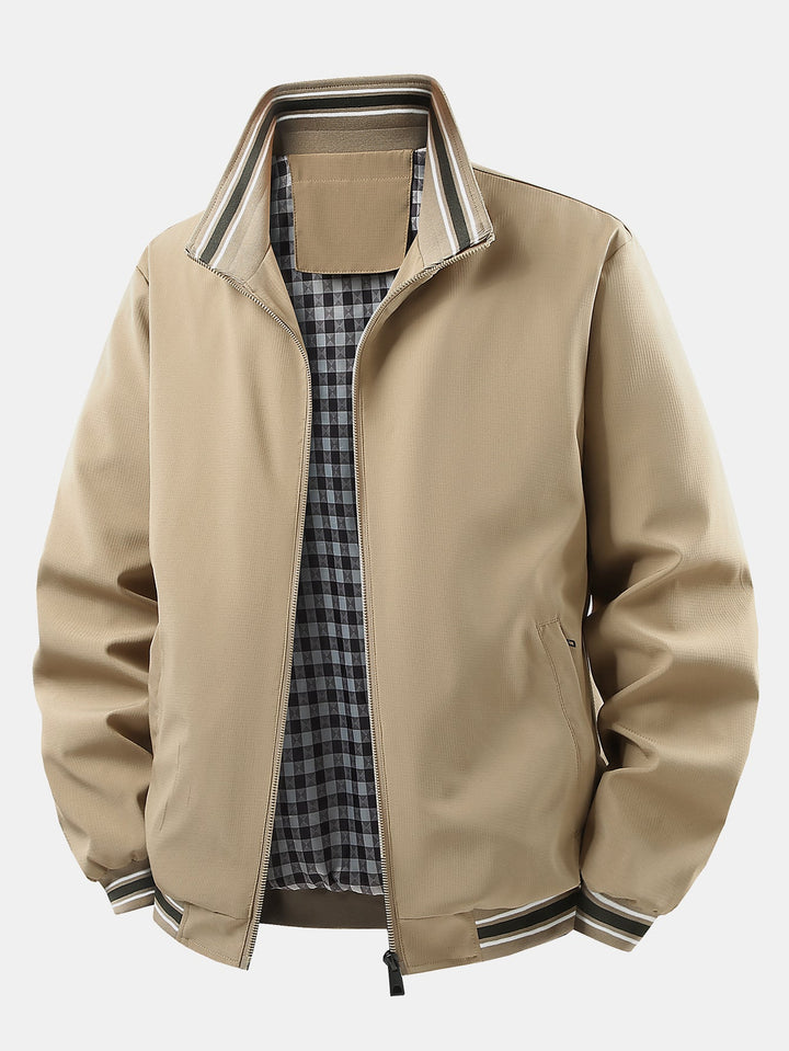 Heren Geruit Gevoerde Ritsjack met Staande Kraag in khaki, Relaxed Fit