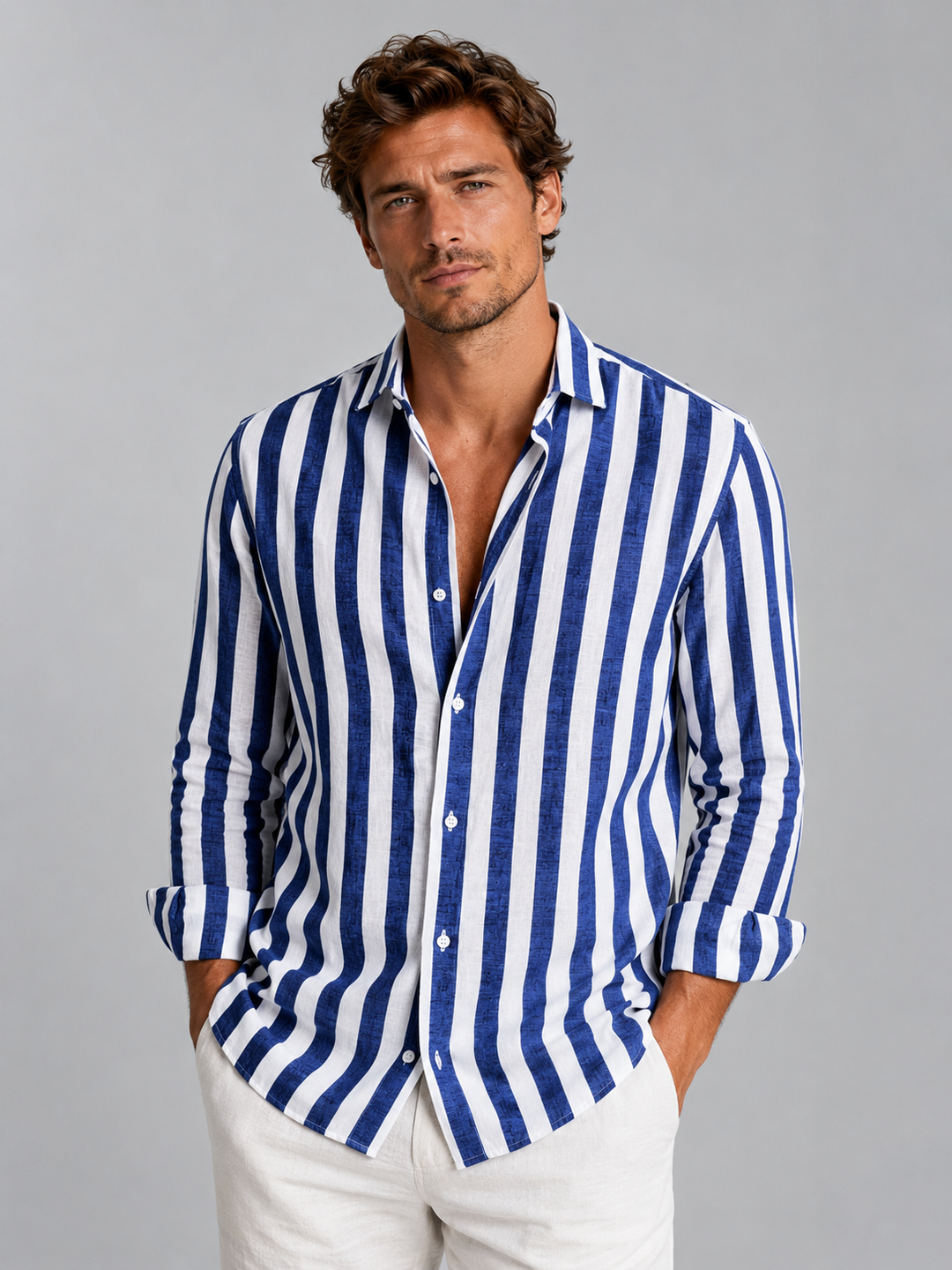 Heren Gestreept Linnen Overhemd - Relaxed Zomerfit - Blauw