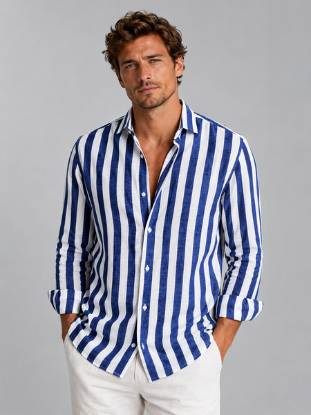 Heren Gestreept Linnen Overhemd - Relaxed Zomerfit - Blauw
