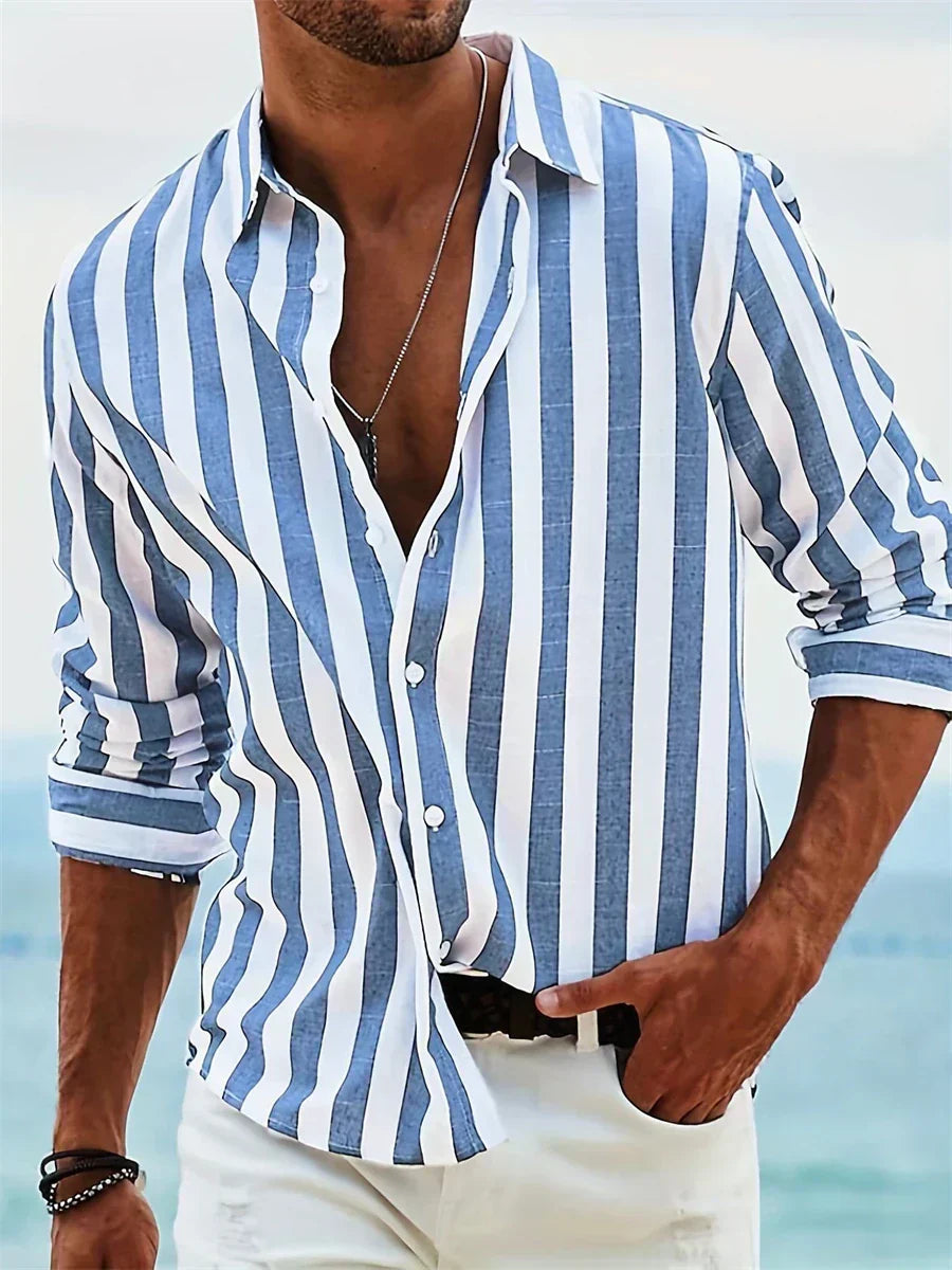 Heren Gestreept Overhemd - Relaxed Fit Zomerstijl - Blauw