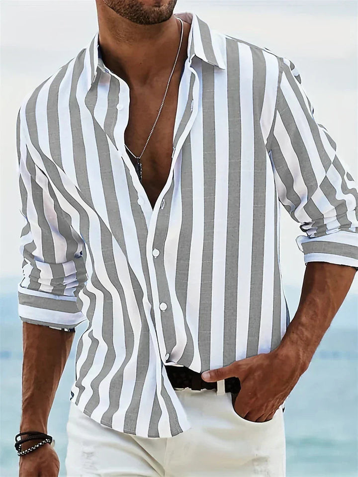 Heren Gestreept Overhemd - Relaxed Fit Zomerstijl - Lichtgrijs