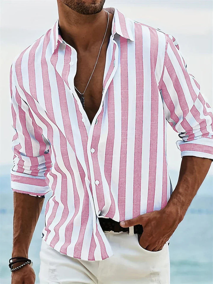 Heren Gestreept Overhemd - Relaxed Fit Zomerstijl - Roze