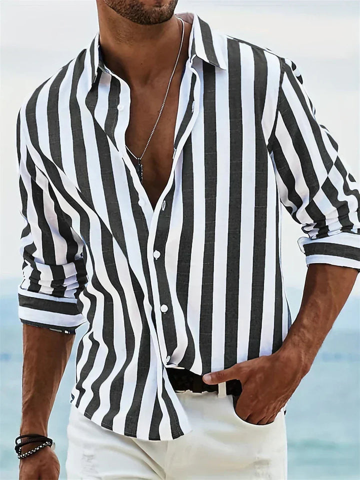 Heren Gestreept Overhemd - Relaxed Fit Zomerstijl - Zwart