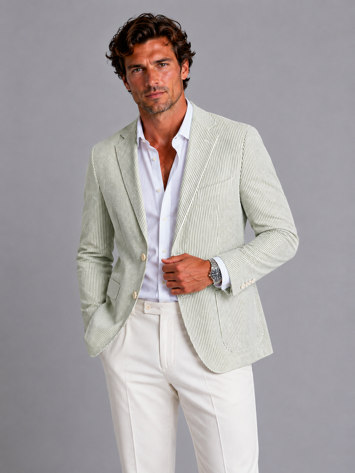 Heren Gestreepte Zomerblazer - Lichte Tailored Jasje - Groen